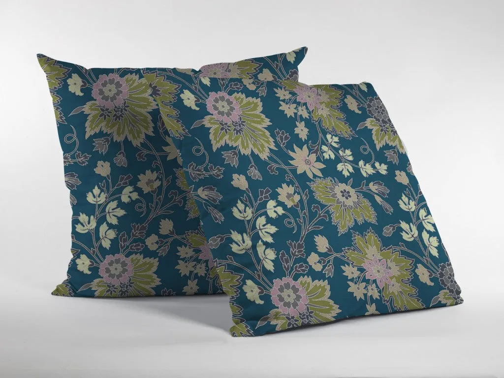 26” Teal Green Jacobean Indoor Outdoor Zippered Throw Pillow