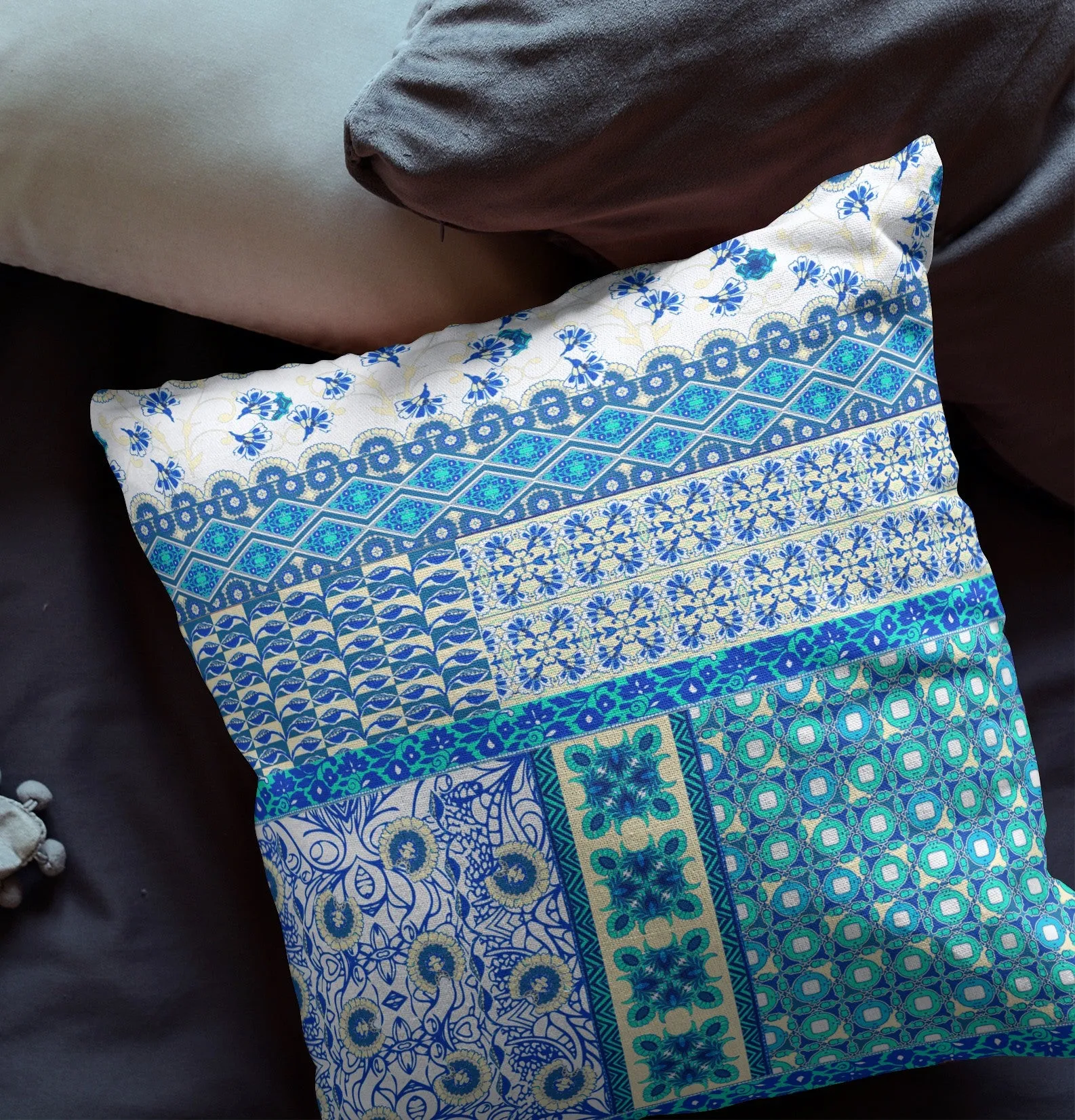 26” Turquoise Blue Patch Indoor Outdoor Zippered Throw Pillow