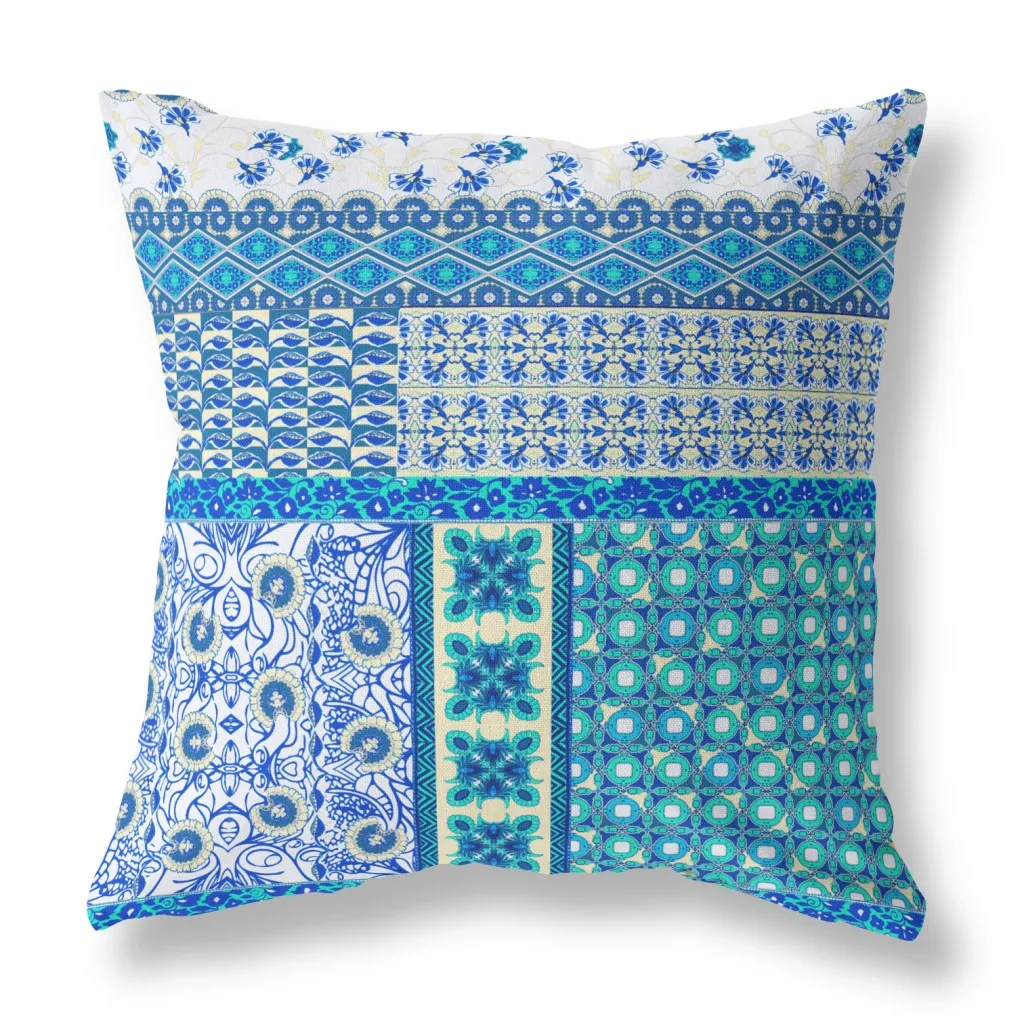 26” Turquoise Blue Patch Indoor Outdoor Zippered Throw Pillow