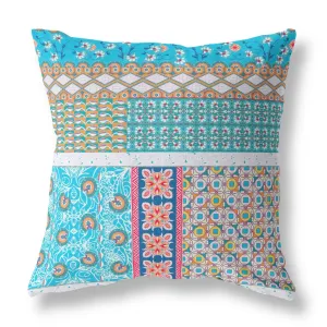 26” Turquoise White Patch Indoor Outdoor Zippered Throw Pillow