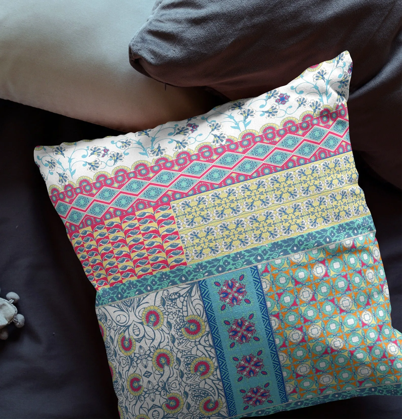 26” White Yellow Patch Indoor Outdoor Zippered Throw Pillow