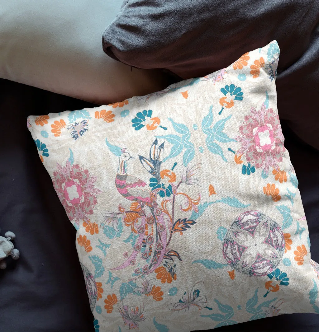 26" Blue Peacock Indoor Outdoor Zip Throw Pillow