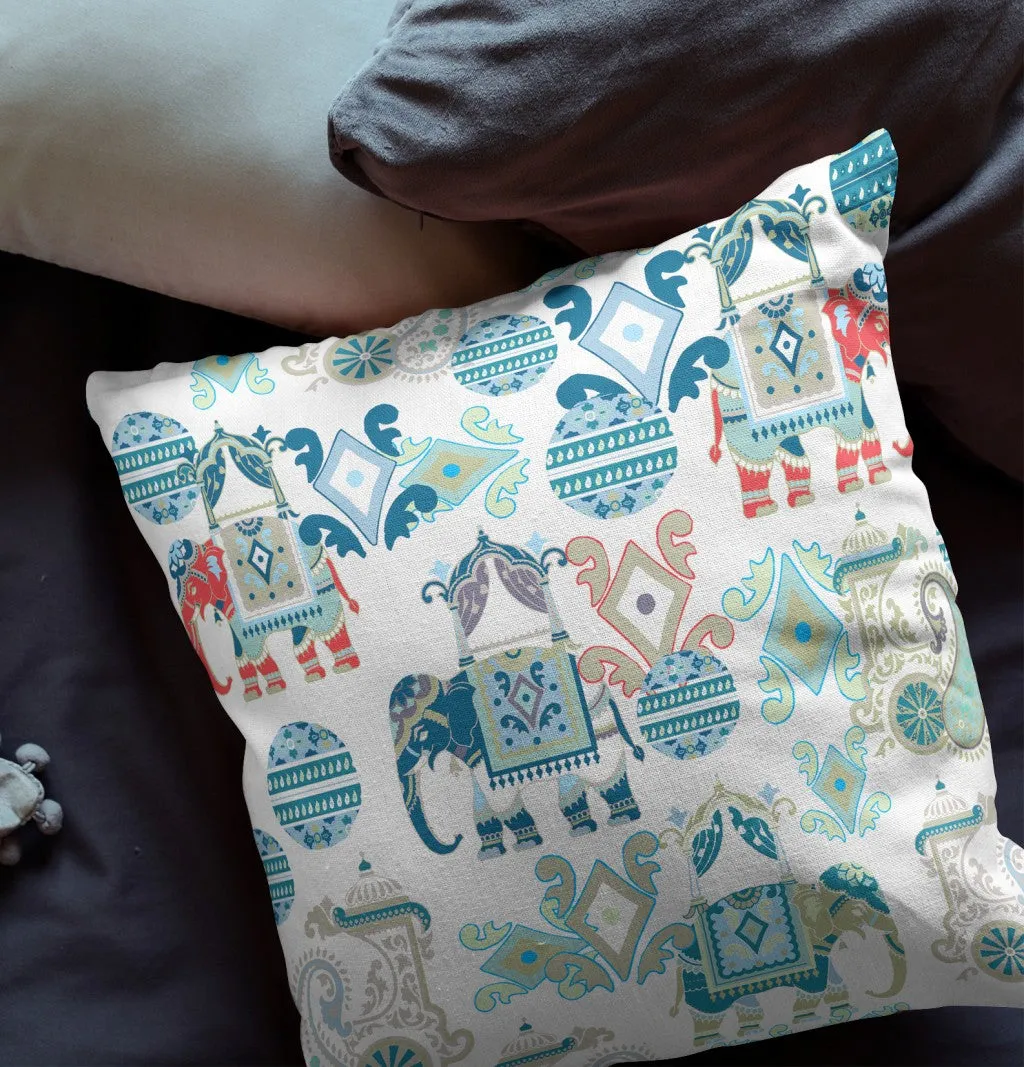 26" Blue White Tribal Indoor Outdoor Zip Throw Pillow
