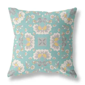 26" Mint White Floral Indoor Outdoor Zip Throw Pillow