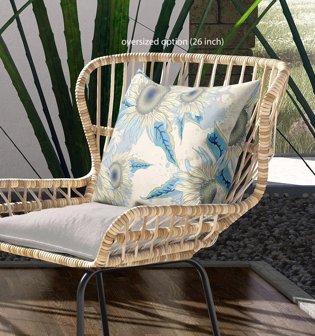 26" White Yellow Sunflower Indoor Outdoor Zippered Throw Pillow