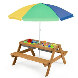 3-in-1 Kids Outdoor Picnic Water Sand Table with Umbrella Play Boxes-Yellow - Co