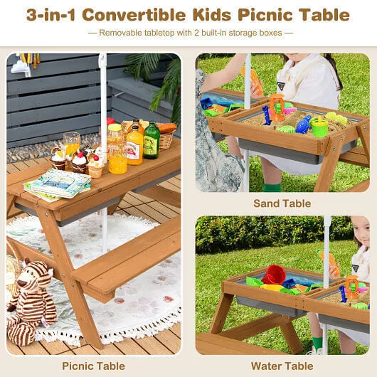 3-in-1 Kids Outdoor Picnic Water Sand Table with Umbrella Play Boxes-Yellow - Co