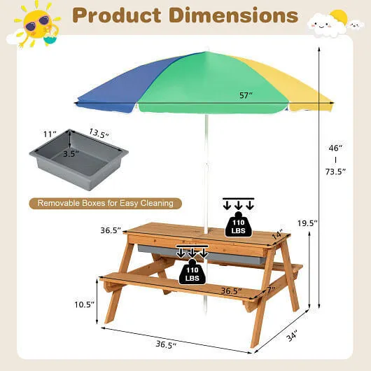 3-in-1 Kids Outdoor Picnic Water Sand Table with Umbrella Play Boxes-Yellow - Co