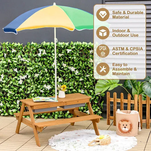 3-in-1 Kids Outdoor Picnic Water Sand Table with Umbrella Play Boxes-Yellow - Co