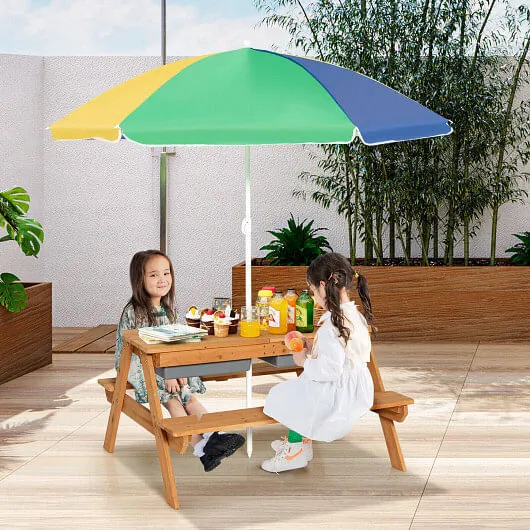 3-in-1 Kids Outdoor Picnic Water Sand Table with Umbrella Play Boxes-Yellow - Co
