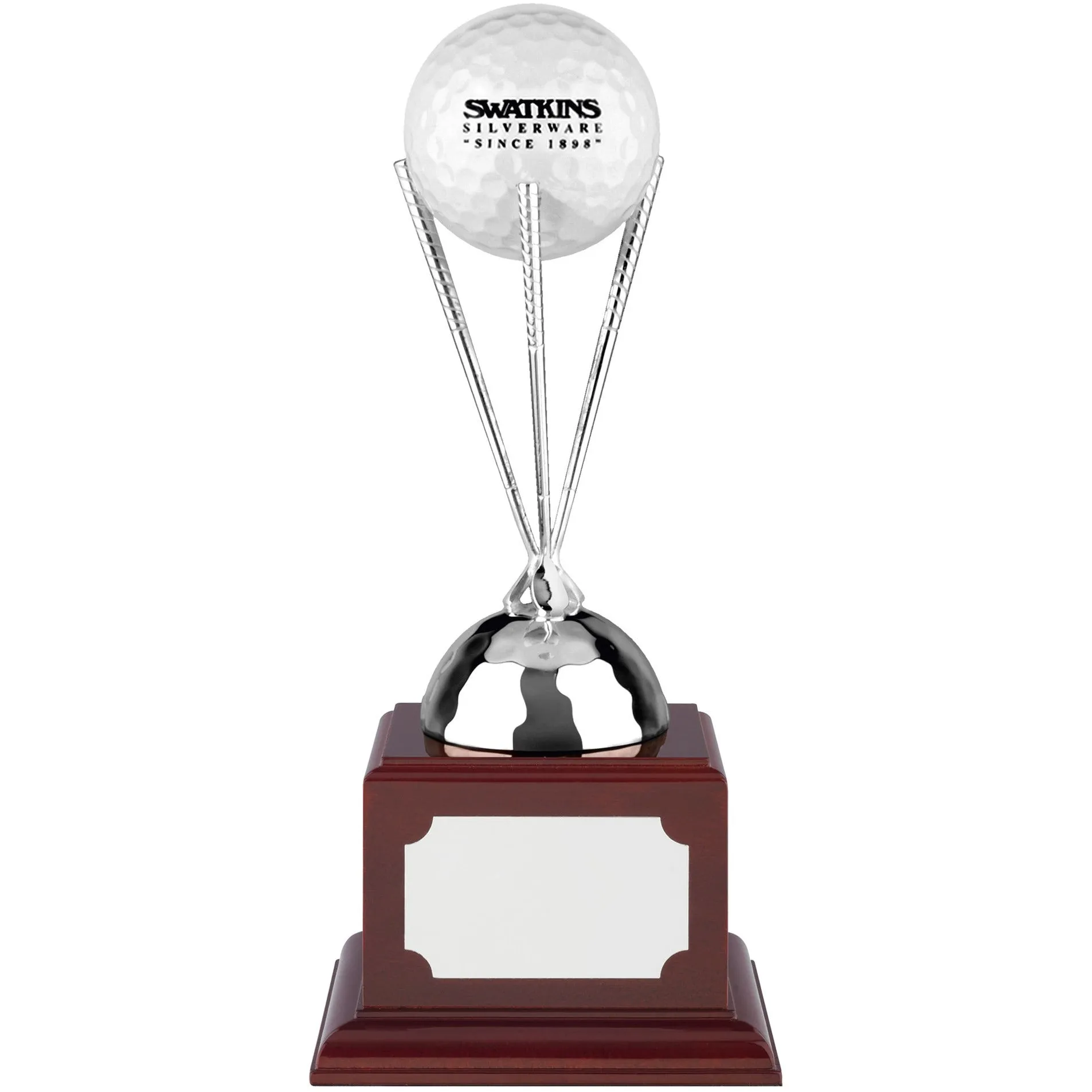 6in Nickel Plated 3 Clubs Golf Ball Holder Award