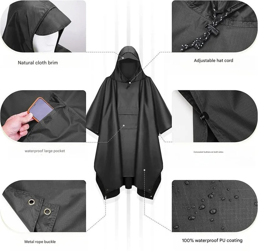 Army Green Portable Outdoor Camping Poncho - Can be used as Raincoat, Tarp, Ground Cover (Polyester silver coated without pockets)