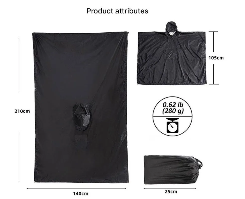 Army Green Portable Outdoor Camping Poncho - Can be used as Raincoat, Tarp, Ground Cover (Polyester silver coated without pockets)
