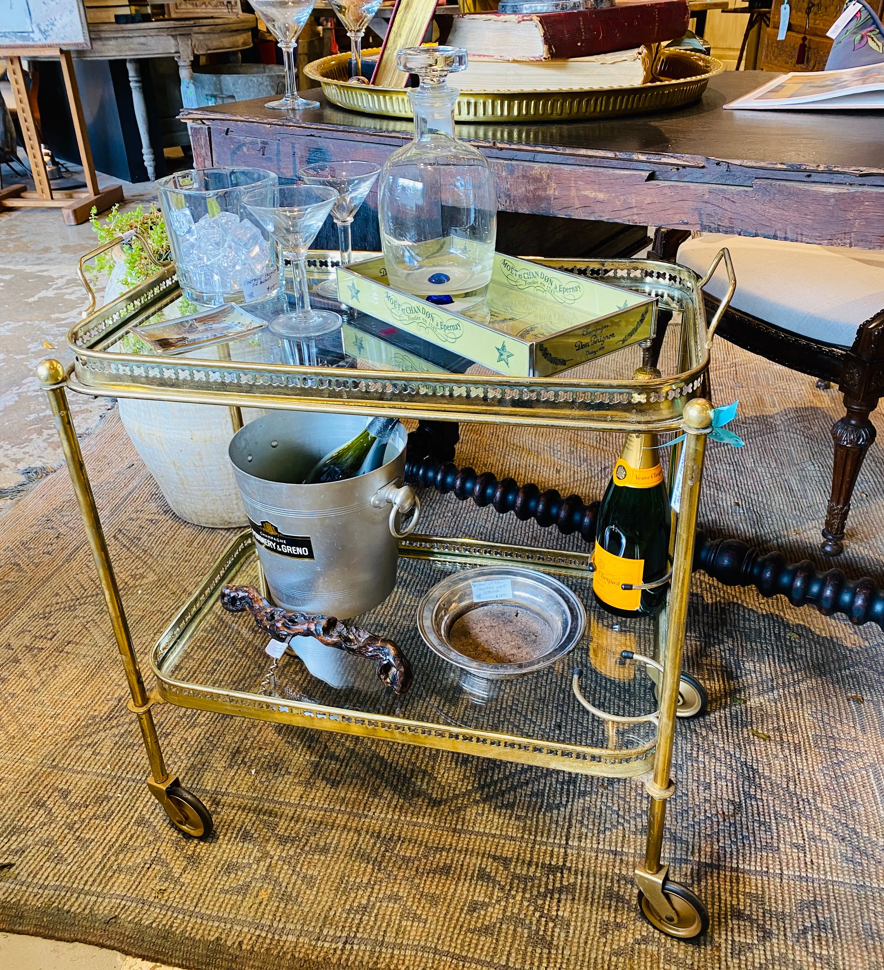 Art Deco French Brass and Glass Bar Cart with Tray Top on Casters