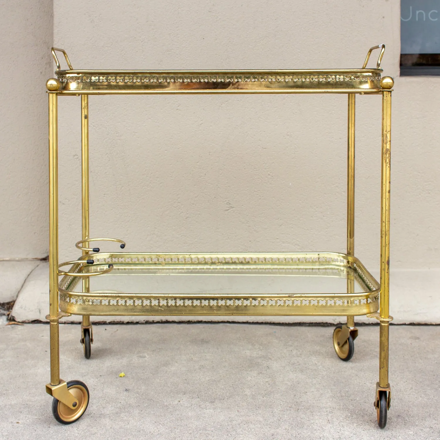 Art Deco French Brass and Glass Bar Cart with Tray Top on Casters