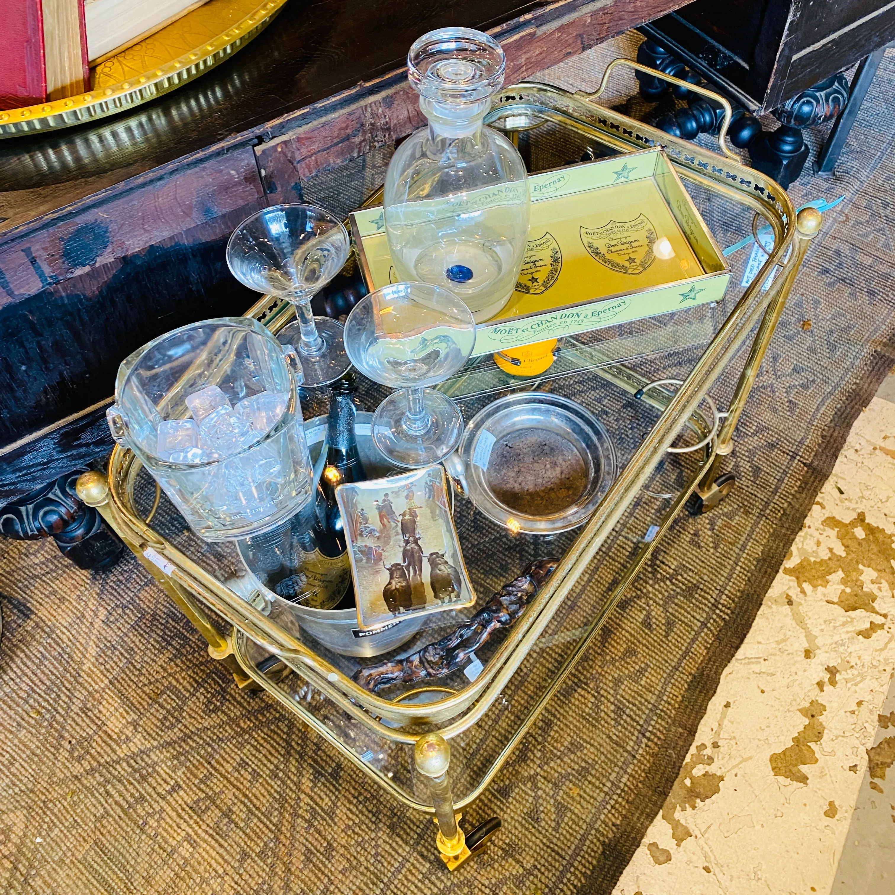 Art Deco French Brass and Glass Bar Cart with Tray Top on Casters
