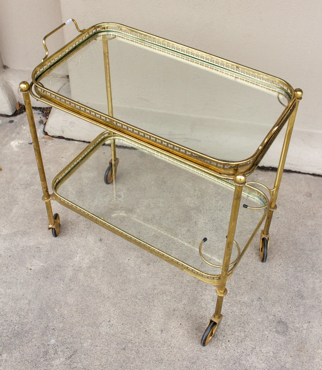 Art Deco French Brass and Glass Bar Cart with Tray Top on Casters