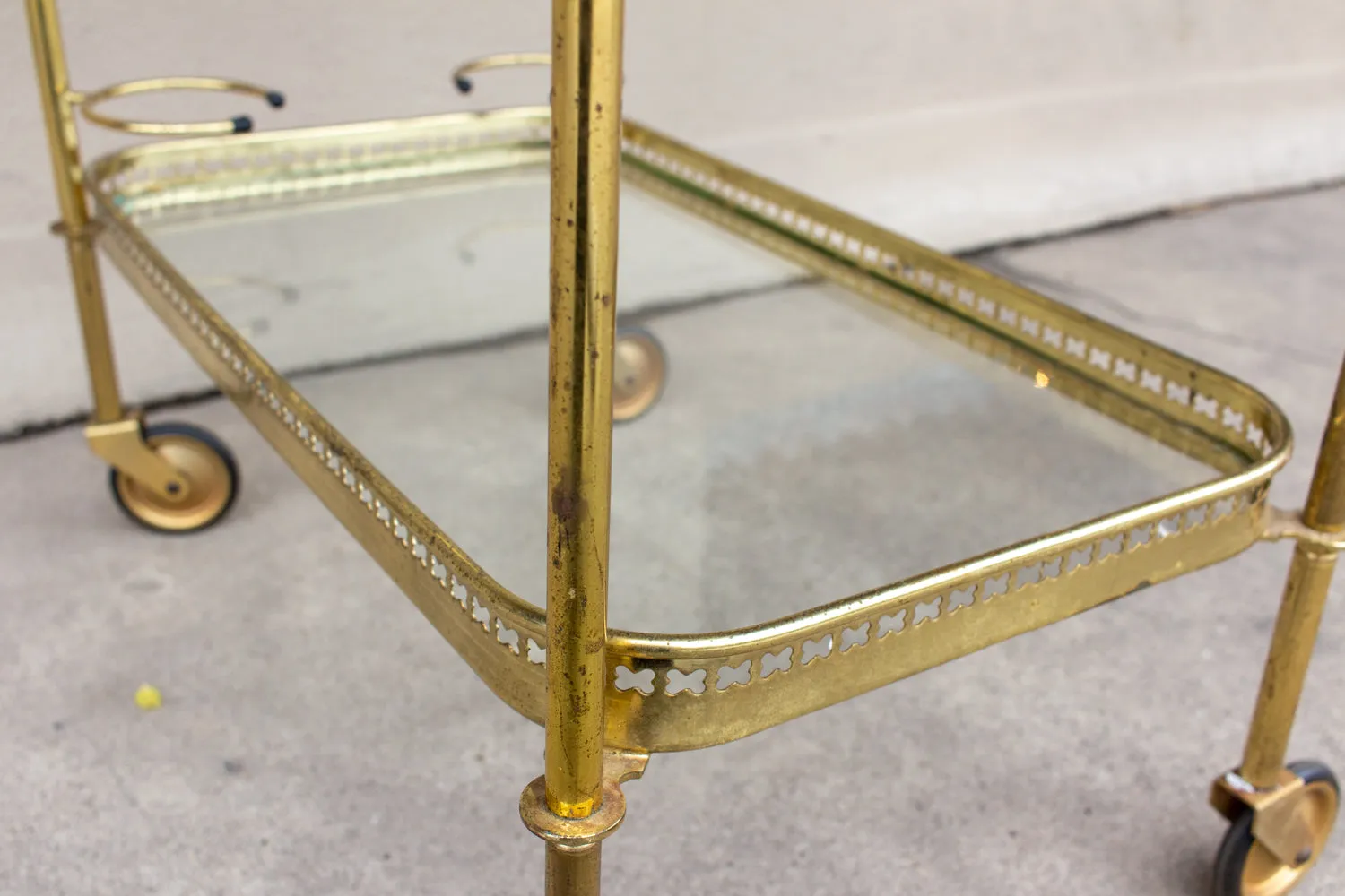 Art Deco French Brass and Glass Bar Cart with Tray Top on Casters