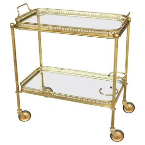 Art Deco French Brass and Glass Bar Cart with Tray Top on Casters