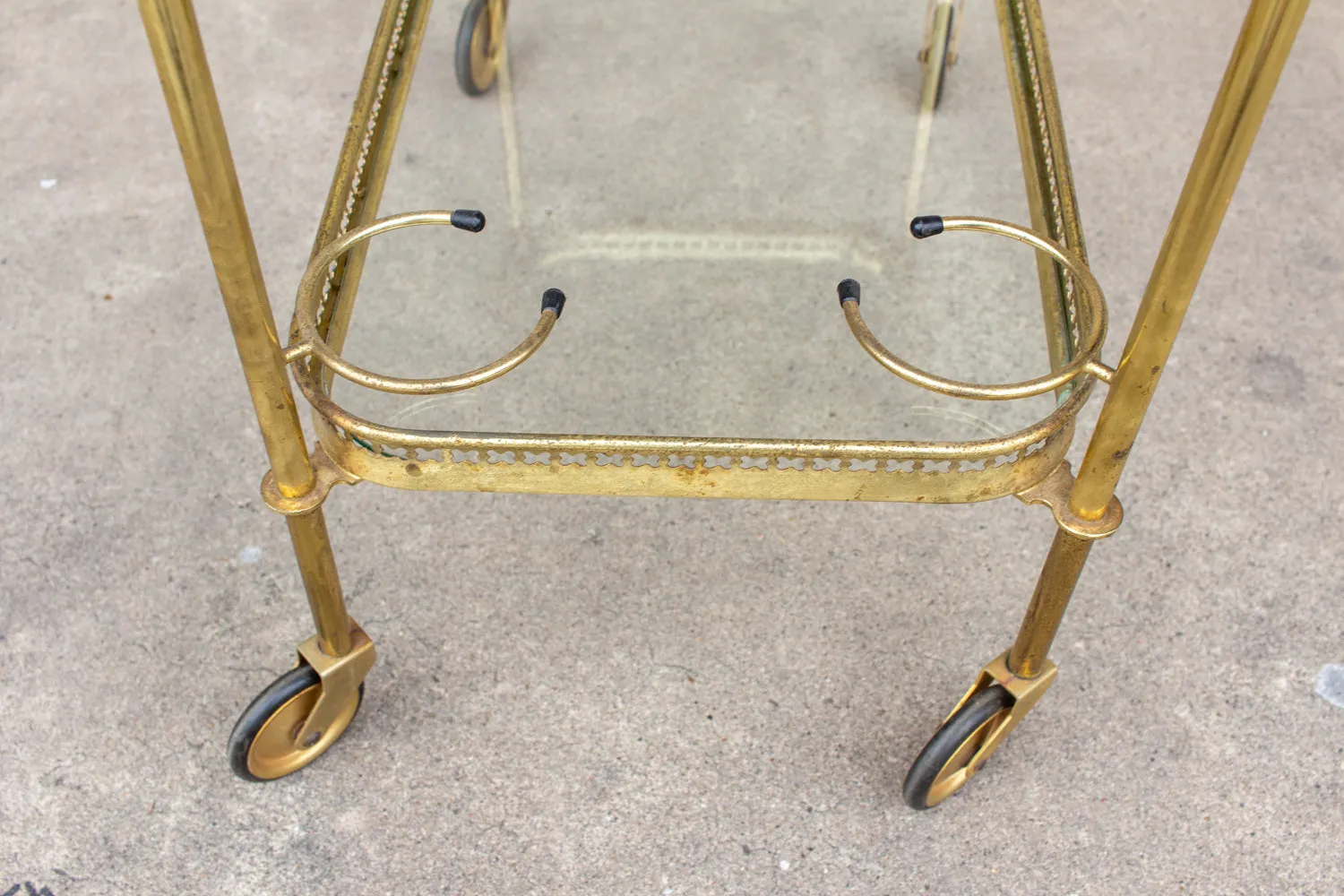 Art Deco French Brass and Glass Bar Cart with Tray Top on Casters