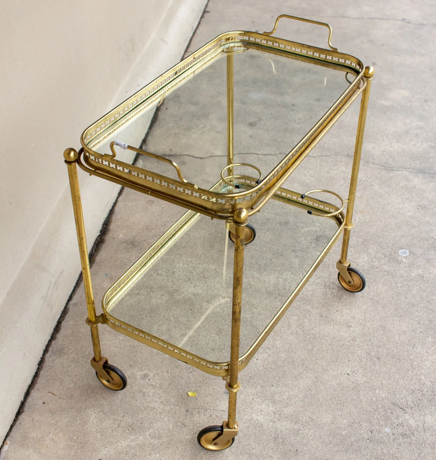 Art Deco French Brass and Glass Bar Cart with Tray Top on Casters