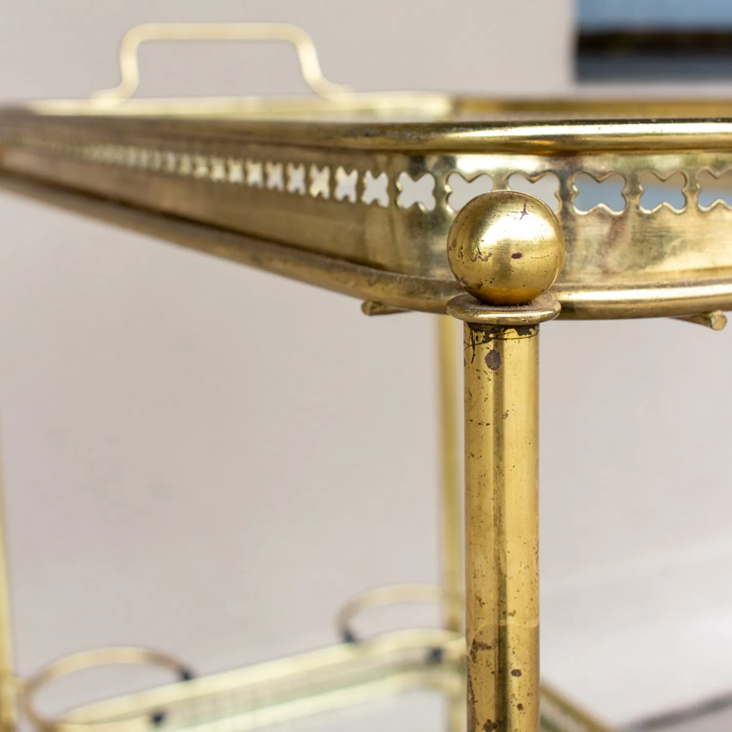 Art Deco French Brass and Glass Bar Cart with Tray Top on Casters
