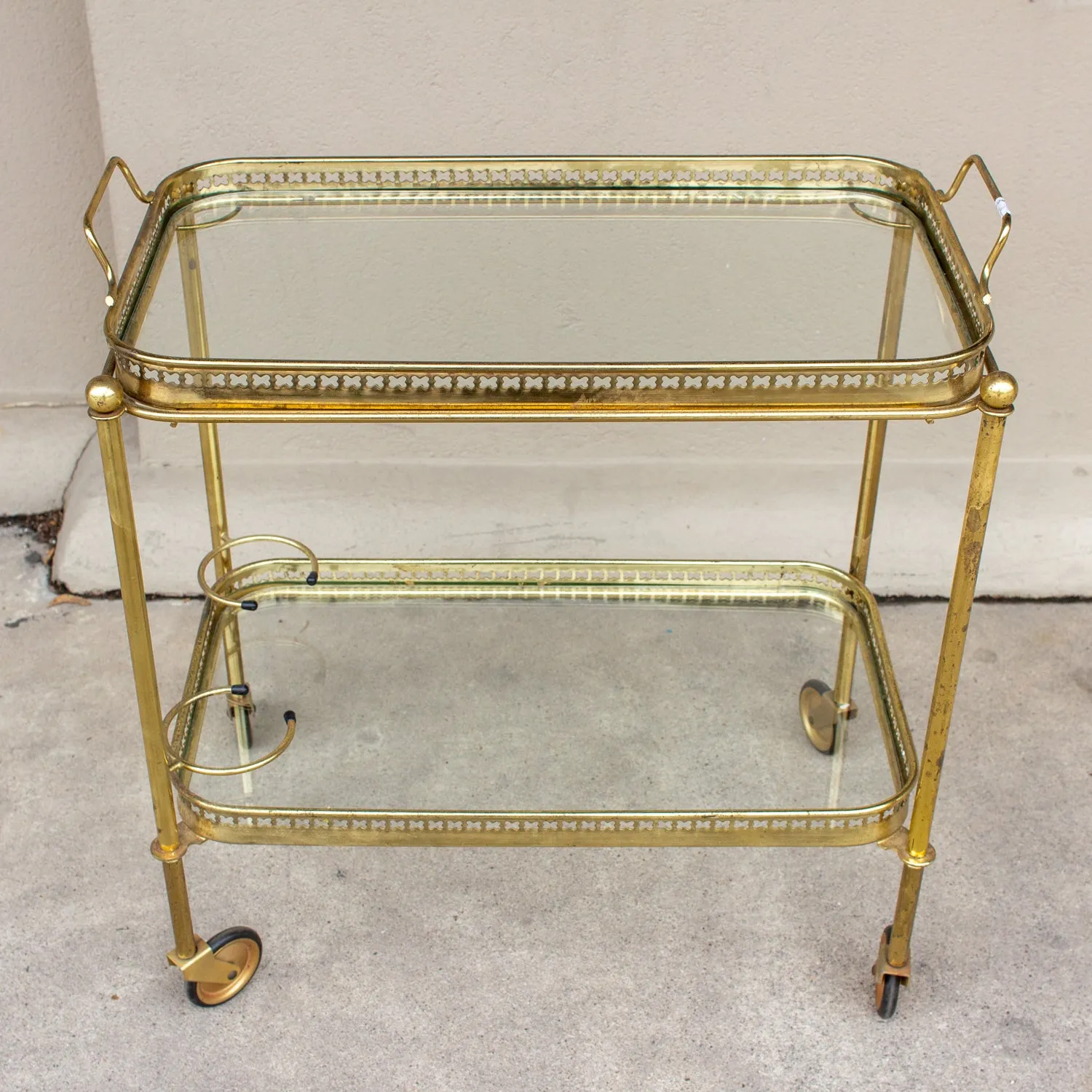 Art Deco French Brass and Glass Bar Cart with Tray Top on Casters