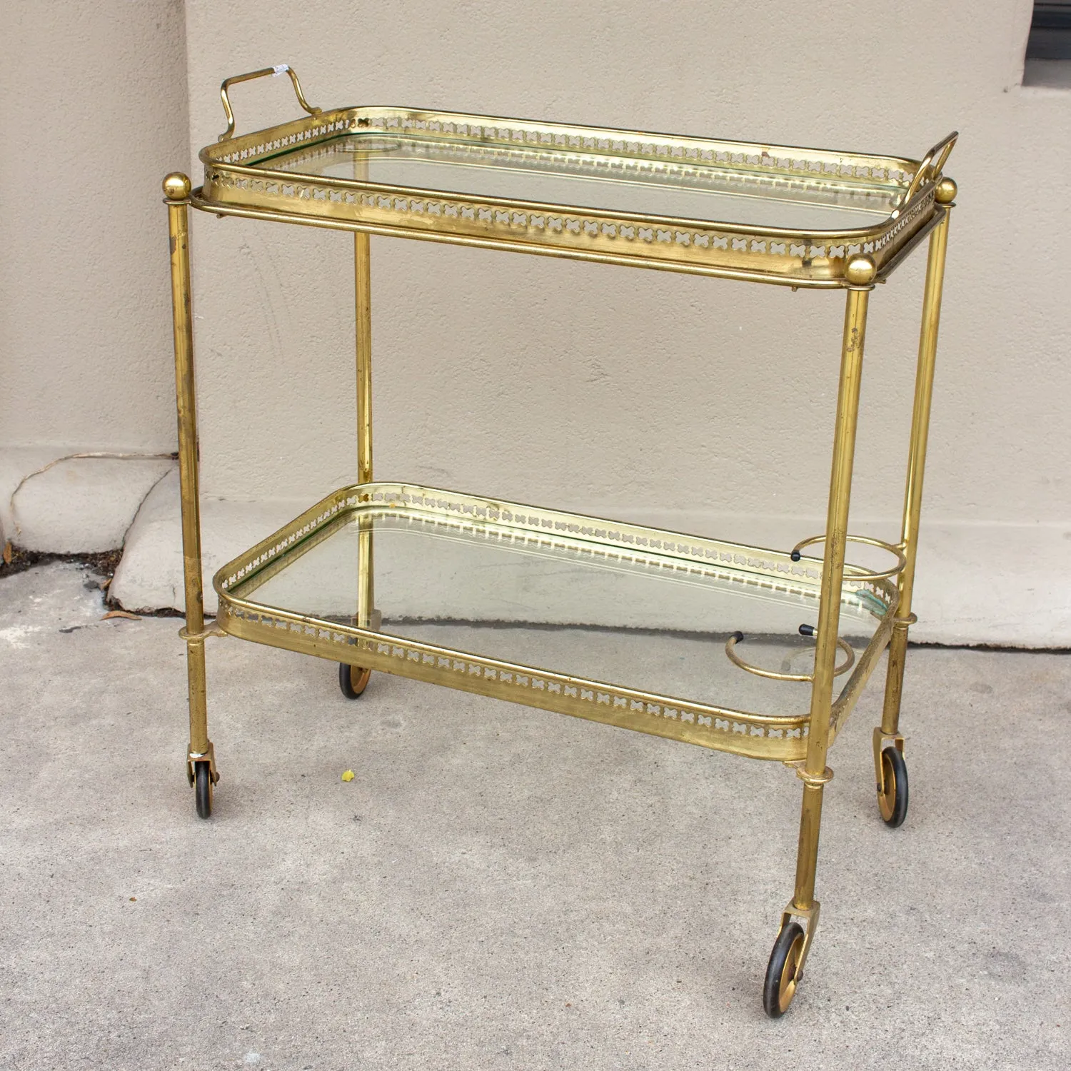 Art Deco French Brass and Glass Bar Cart with Tray Top on Casters