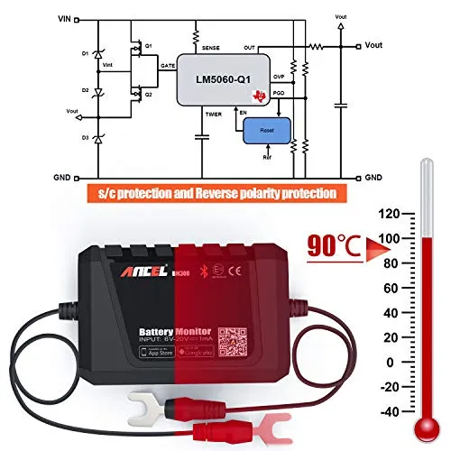 Battery Monitor ANCEL BM300 Bluetooth Voltmeter for All 12 Volts Solar Power Systems/RVs/Motorcycles/Boats/Cars/Trucks with Automotive Charging Cranking System Test with Alarm