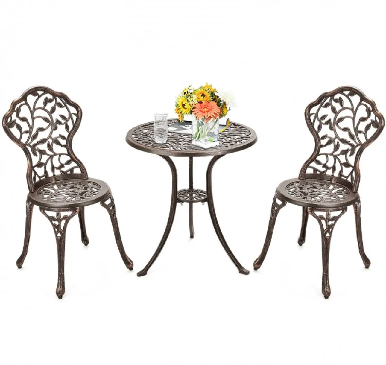 Beautiful & Elegant Leaf Design 3-Piece Heavy Duty Cast Aluminum Patio Bistro Set Table With 2 Chairs | Weather Resistant | Curved Backrest