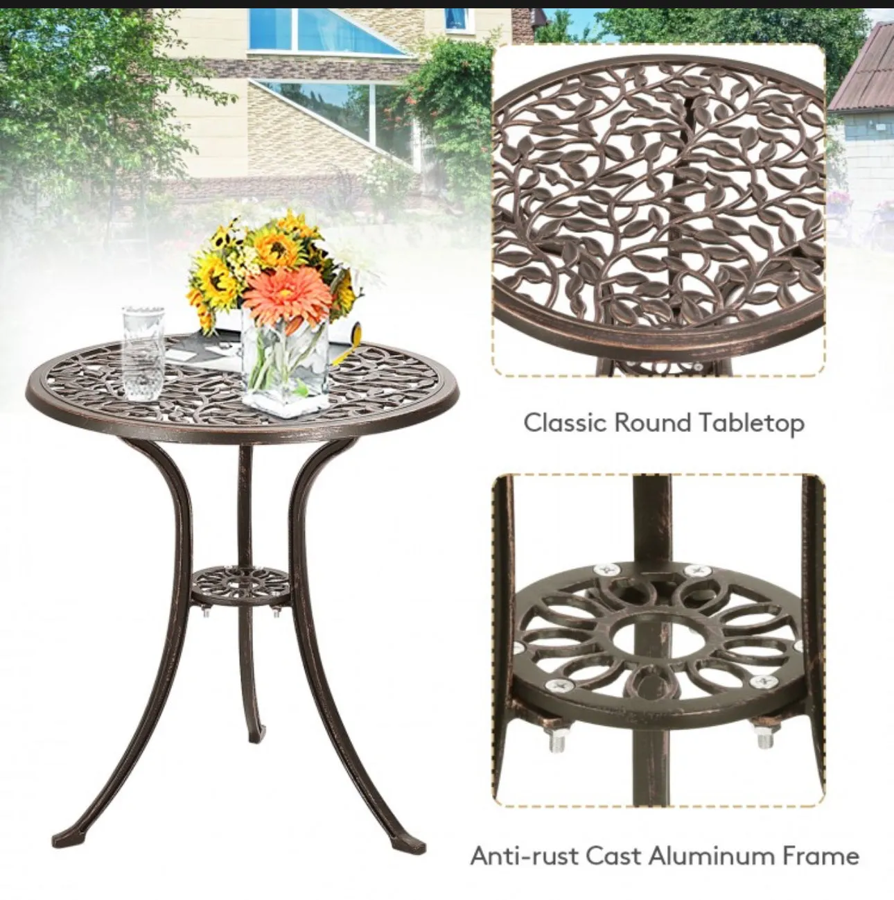 Beautiful & Elegant Leaf Design 3-Piece Heavy Duty Cast Aluminum Patio Bistro Set Table With 2 Chairs | Weather Resistant | Curved Backrest
