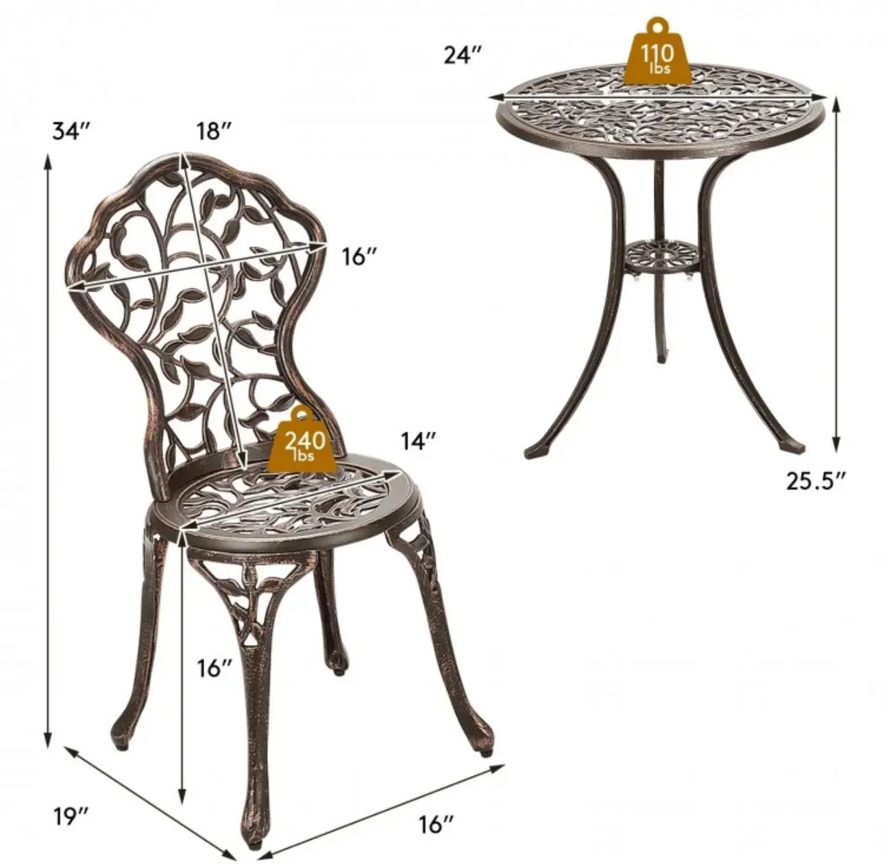 Beautiful & Elegant Leaf Design 3-Piece Heavy Duty Cast Aluminum Patio Bistro Set Table With 2 Chairs | Weather Resistant | Curved Backrest