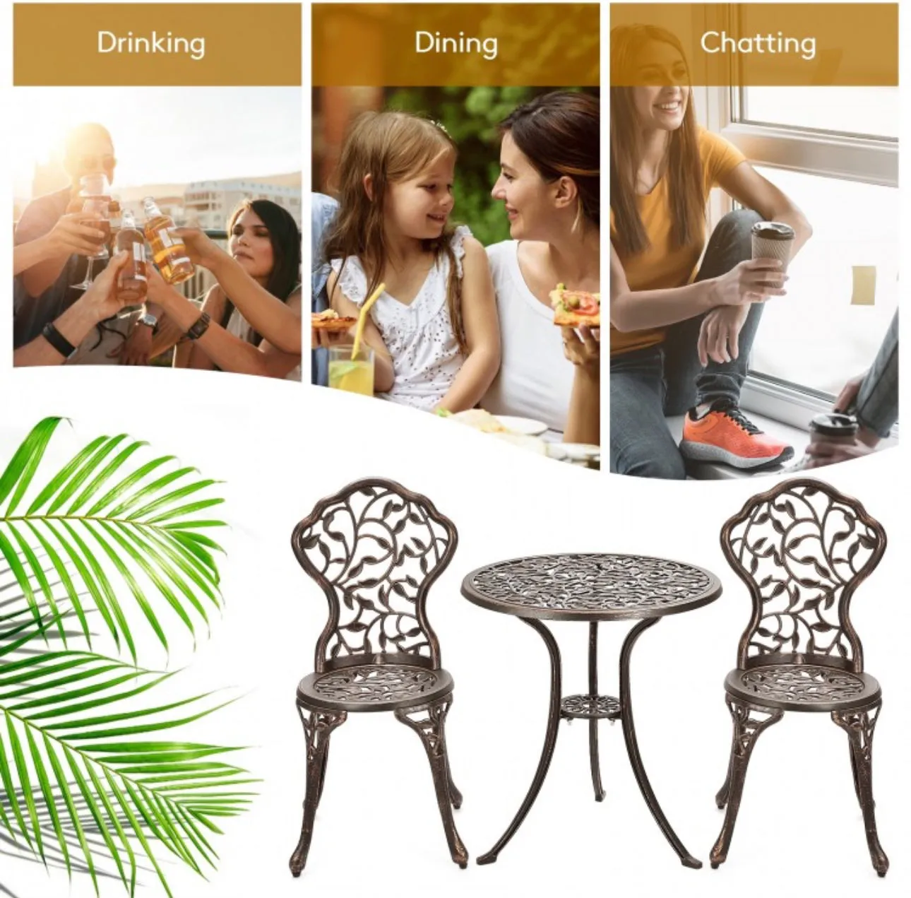Beautiful & Elegant Leaf Design 3-Piece Heavy Duty Cast Aluminum Patio Bistro Set Table With 2 Chairs | Weather Resistant | Curved Backrest