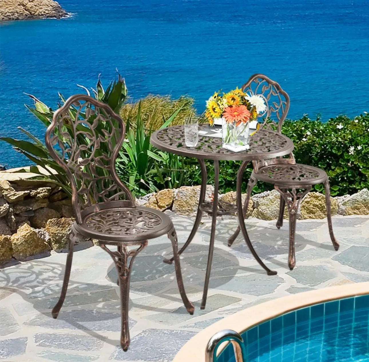 Beautiful & Elegant Leaf Design 3-Piece Heavy Duty Cast Aluminum Patio Bistro Set Table With 2 Chairs | Weather Resistant | Curved Backrest