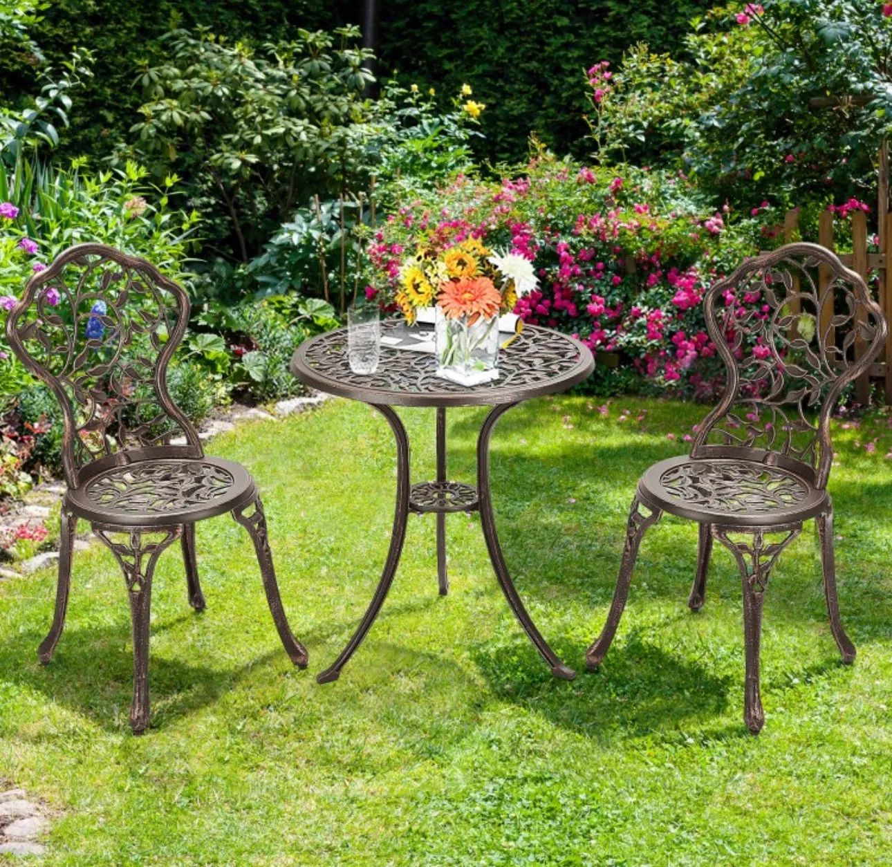 Beautiful & Elegant Leaf Design 3-Piece Heavy Duty Cast Aluminum Patio Bistro Set Table With 2 Chairs | Weather Resistant | Curved Backrest