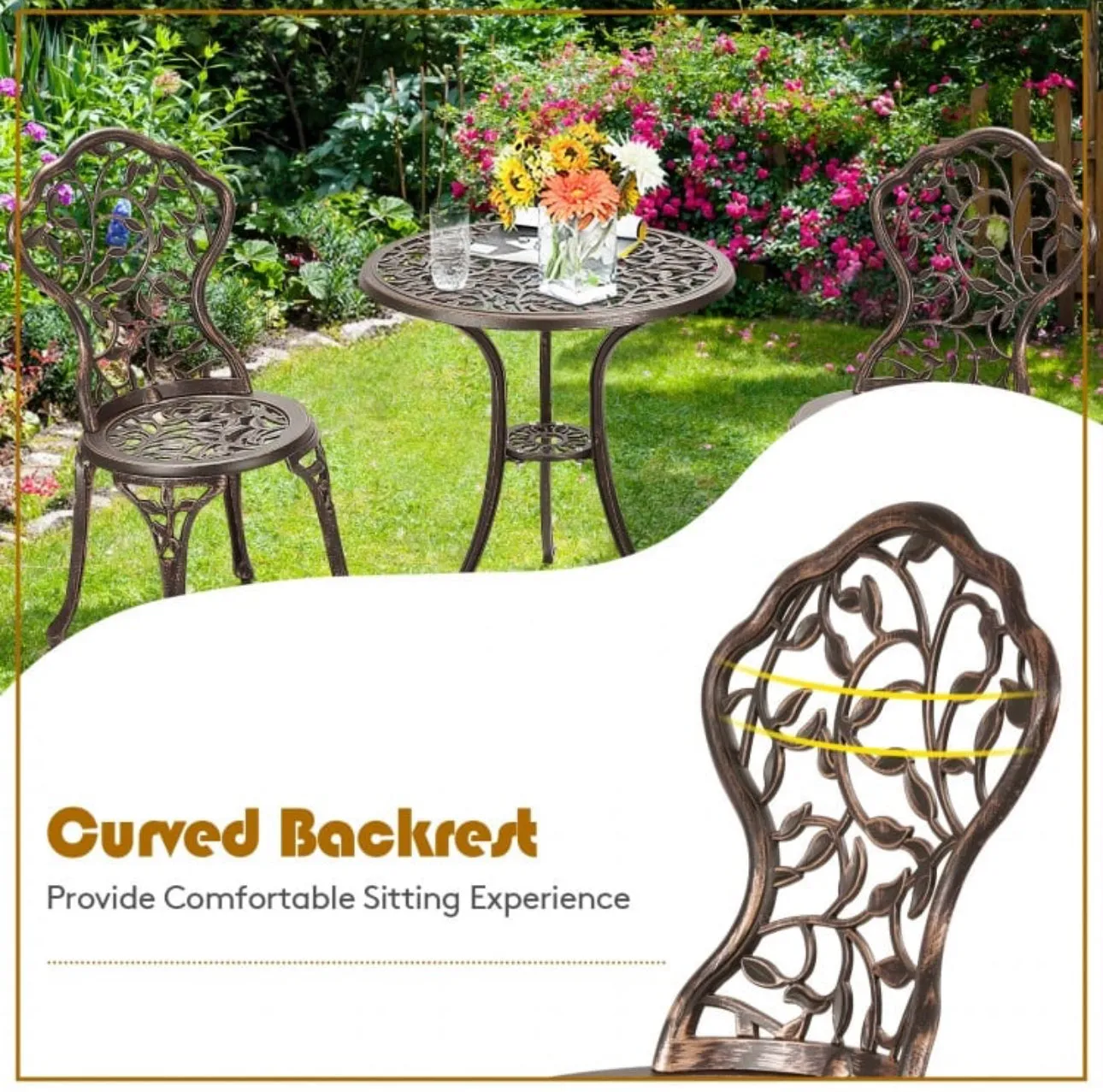 Beautiful & Elegant Leaf Design 3-Piece Heavy Duty Cast Aluminum Patio Bistro Set Table With 2 Chairs | Weather Resistant | Curved Backrest