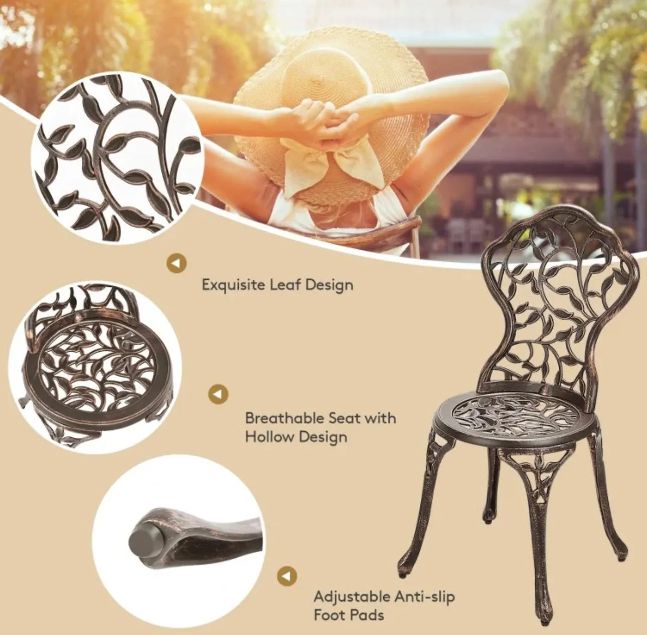 Beautiful & Elegant Leaf Design 3-Piece Heavy Duty Cast Aluminum Patio Bistro Set Table With 2 Chairs | Weather Resistant | Curved Backrest