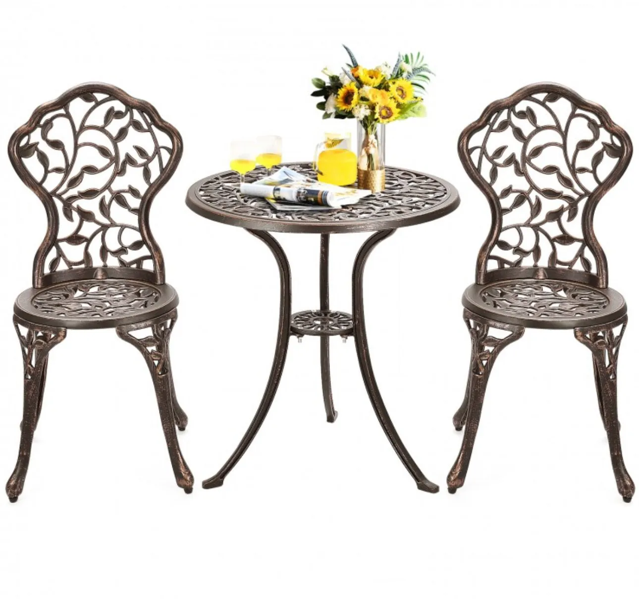 Beautiful & Elegant Leaf Design 3-Piece Heavy Duty Cast Aluminum Patio Bistro Set Table With 2 Chairs | Weather Resistant | Curved Backrest