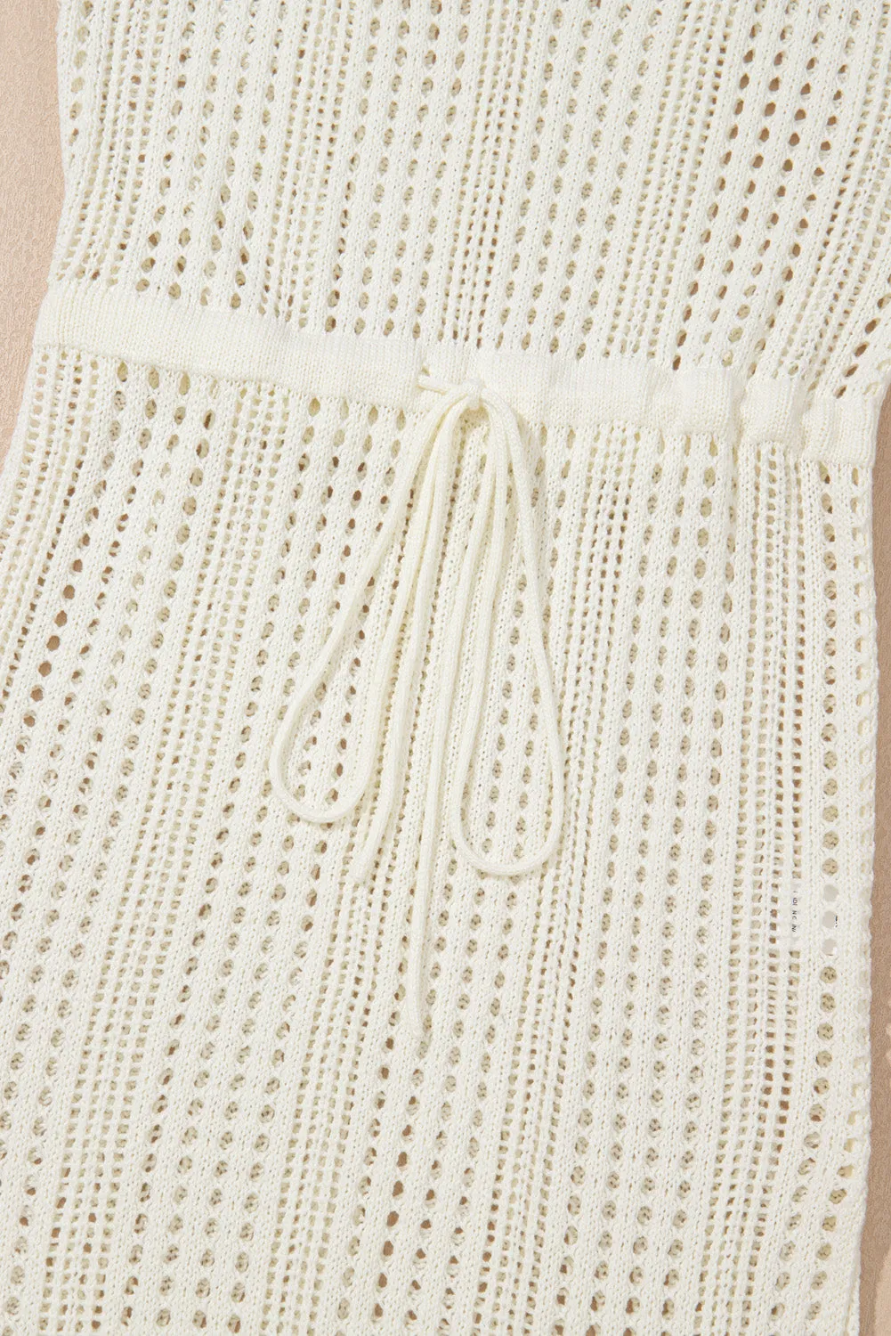Beige Open Knit Drawstring Waist Beach Dress