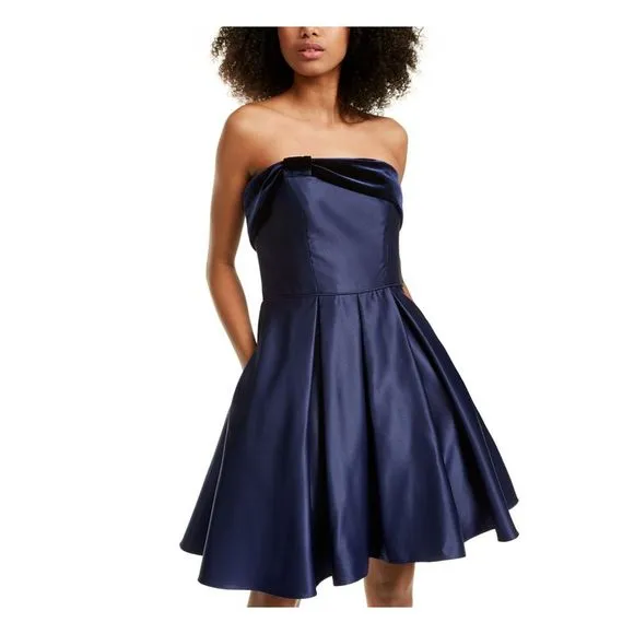 BLONDIE Womens Navy Zippered Strapless Above The Knee Party Fit   Flare Dress 3