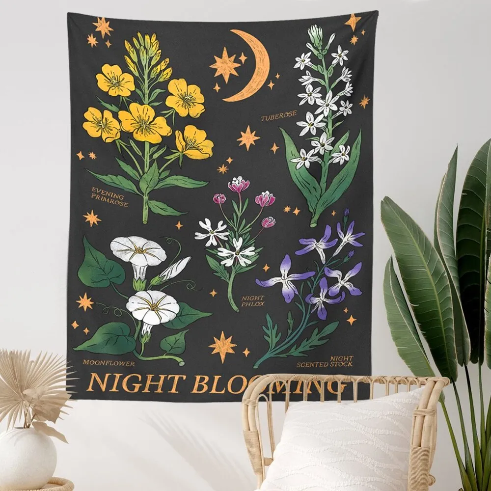 Botanical Wildflower Tapestry Wall Hanging Moon Starry Flower Reference Chart Hippie Bohemian Tapestries Psychedelic Home Decor