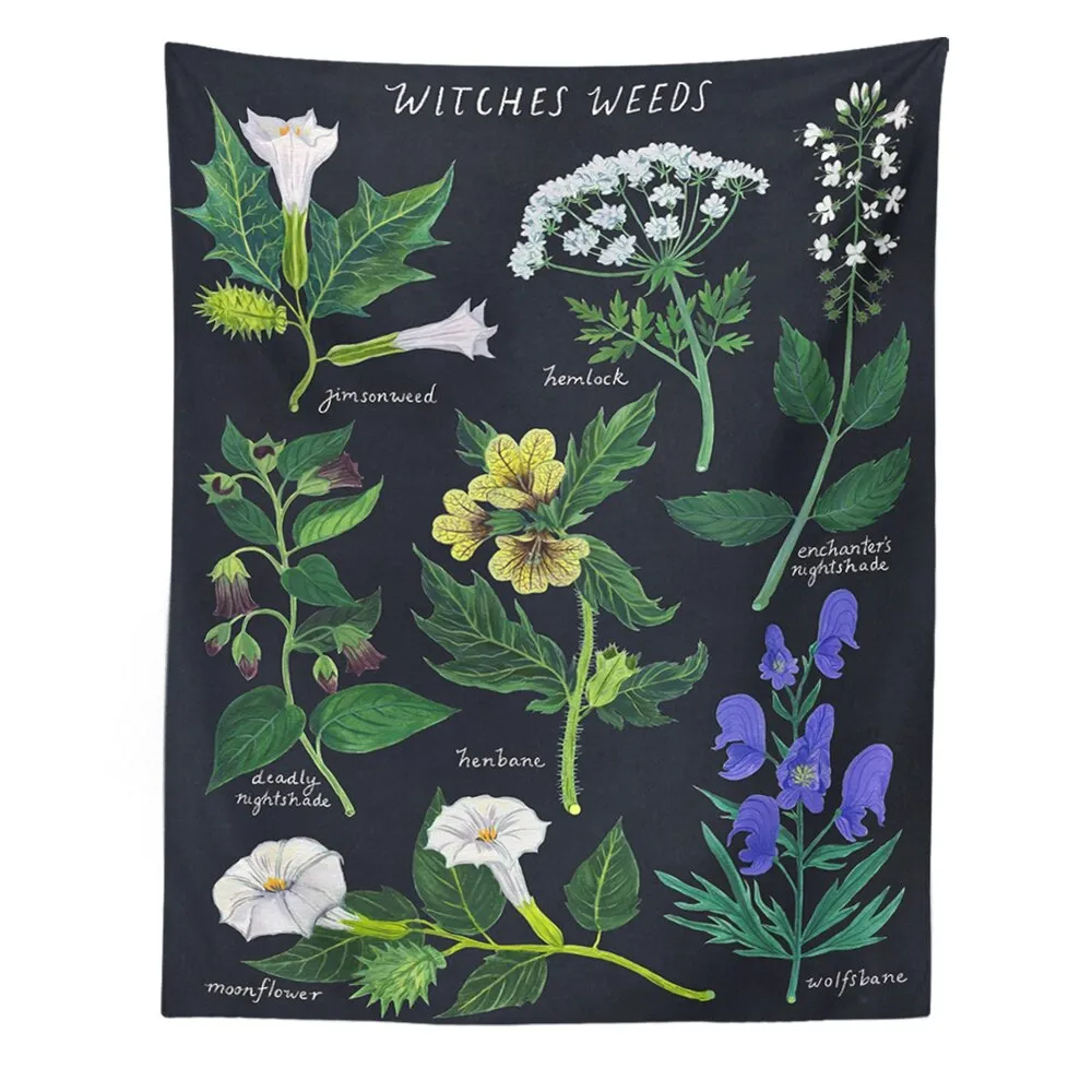 Botanical Wildflower Tapestry Wall Hanging Moon Starry Flower Reference Chart Hippie Bohemian Tapestries Psychedelic Home Decor