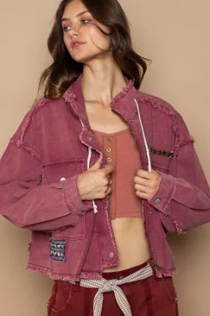 Burgundy Zippered Fray Hem Jacket
