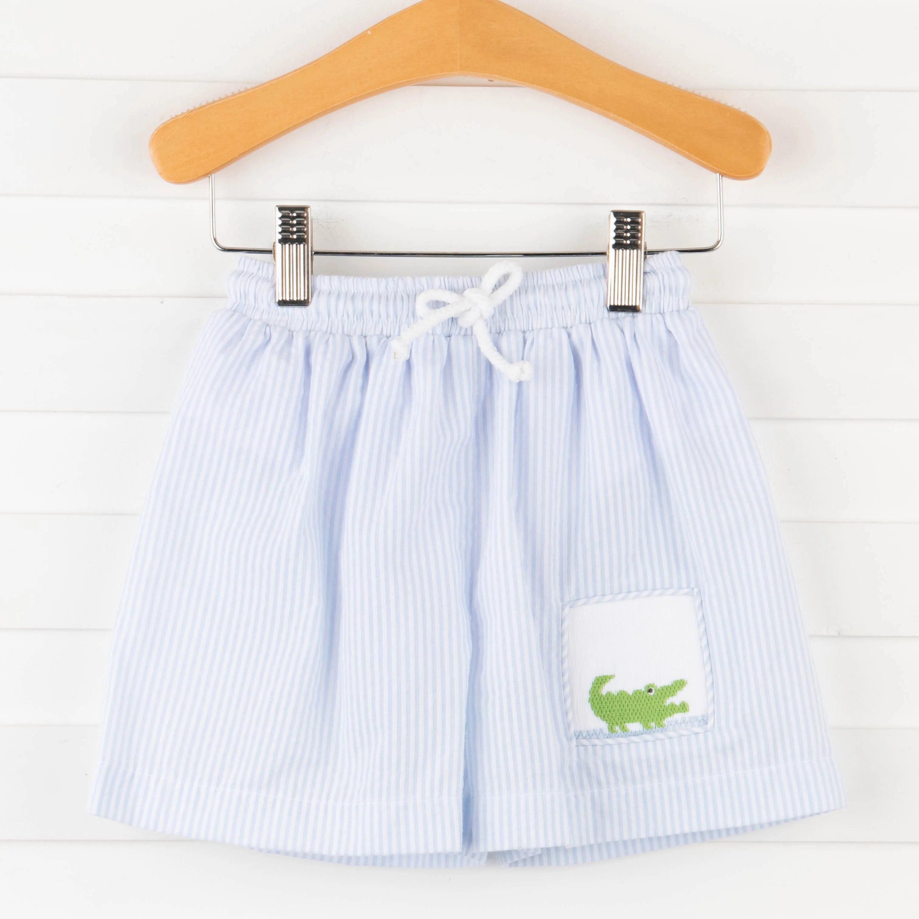 Chomp! Chomp! Smocked Swim Trunks, Blue