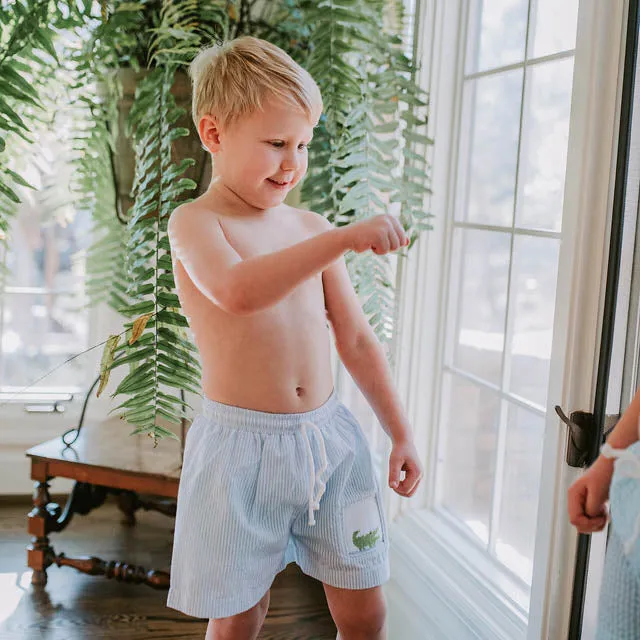Chomp! Chomp! Smocked Swim Trunks, Blue