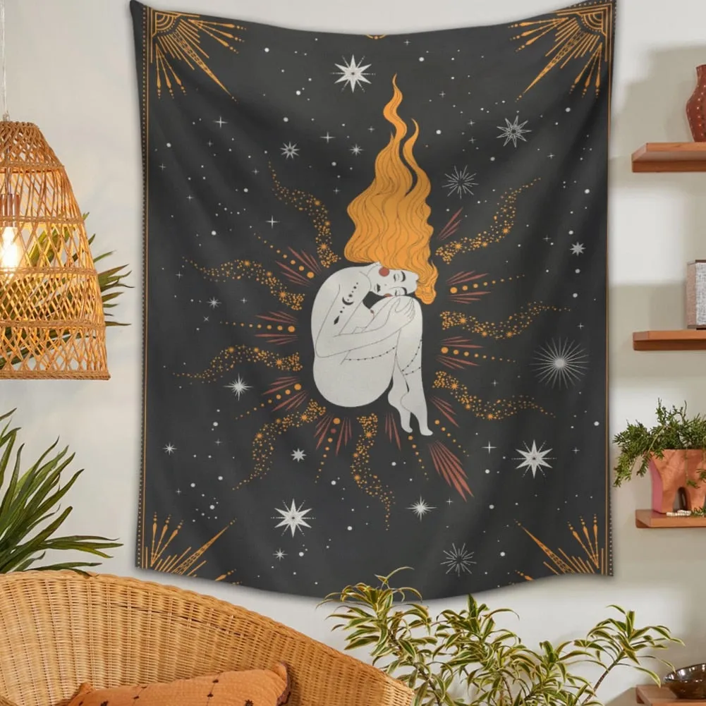 Constellation Tarot Girl Tapestry Boho Tapestry Tarot Card Tapestry Wall Hanging Trippy Divination Beach Mat Moon Wall Decor
