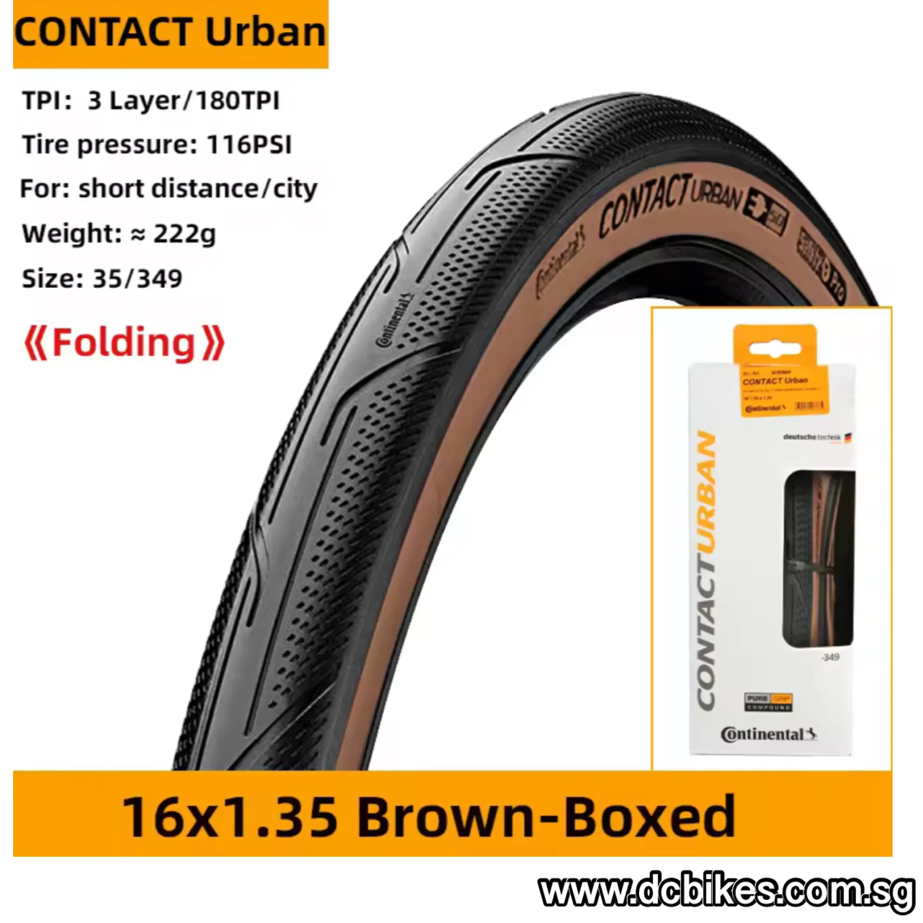 Continental 16 X 1.35 | 20 X 1.25 Contact Urban PureGrip Brown | Creme Folding | Black Wired Tyre - 35-349 | 32-406 (1 Tire)