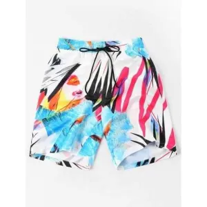 Drawstring Geometric Half Face Print Beach Shorts - White M