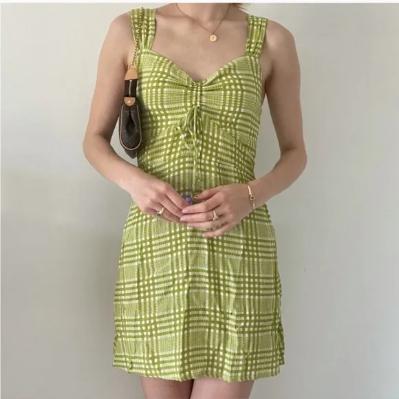 FAITHFULL THE BRAND- Imogen Mini Dress Djerra Check Lime Green Cocktail Summer