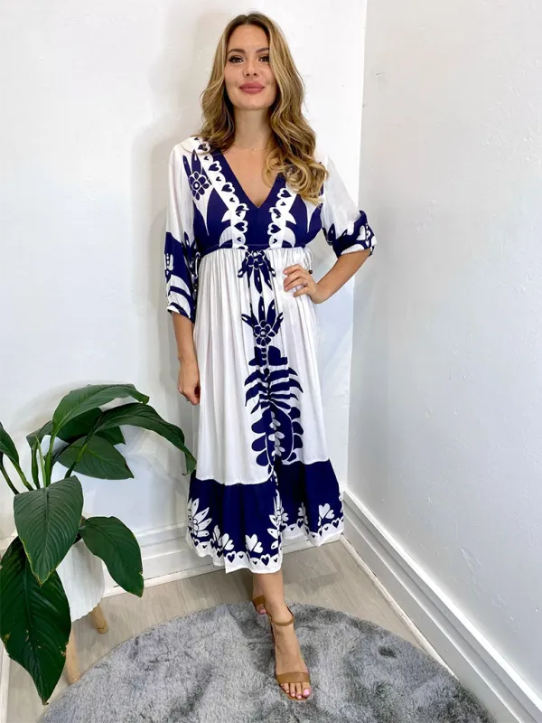 Floral Print Midi Dress with Drawstring Waist and Half Sleeves